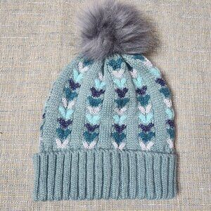 Vince Camuto Womens Blue Pom Pom Beanie Rib Knit Hearts Shiny Acrylic OS